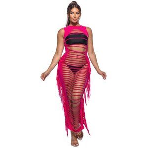 Hot Pink 🔥 Shredded Fringe Maxi Dress – Sexy Festival & Beachwear 🔥